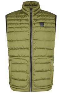 Olivgrüwest mit hohem Kragen, Vorderreißverschluss, schwarzen Armausschnitten und zwei Seitentaschen. Strukturierter Stoff mit horizontalen Nähten.