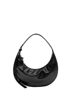 Black crescent-shaped leather handbag with a short strap and zipper closure with a side leather pull tab.