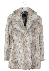 Faux fur coat in light gray and beige hues, featuring a soft, textured surface, loose fit, and open front design.