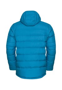 Blauer Puffermantel mit Kapuze, der ein gesteppter Design aufweist. Hergestellt aus leichtem, isolierendem Material mit einer glatten Textur.