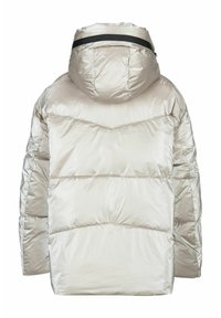 Zilveren opblaasjas met een capuchon, voorzien van een glanzende afwerking, een chevron-gequilte patroon en een zwarte accentband op de capuchon.