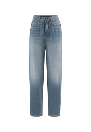 Blauwe denim jeans met hoge taille en rechte pijpen, voorzien van voorzakken, riemlussen en een knoopsluiting op een witte achtergrond.