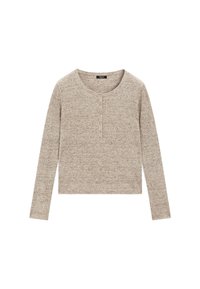 Long-sleeve, ribbed knit sweater in light beige with a round neckline and five-button placket at the front. Soft texture with subtle flecks.