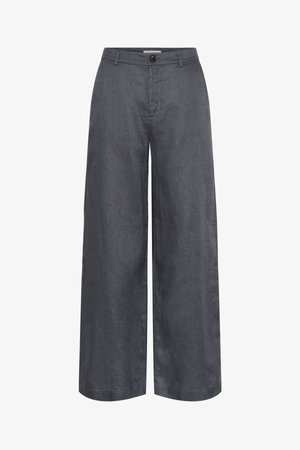Weite Hosen aus dunkelgrauem Stoff, mit glatter Textur, vorderer Knopfverschluss und seitlichen Taschen für einen sauberen, maßgeschneiderten Look.