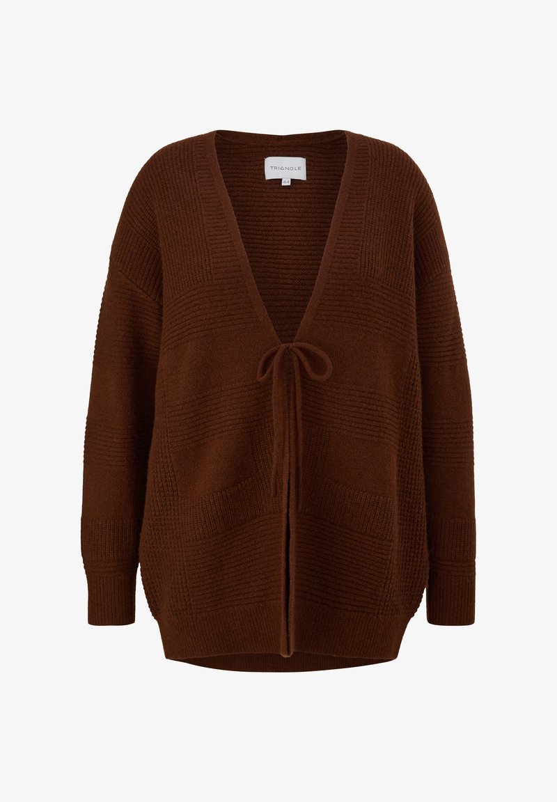 Cardigan marron en tricot avec un décolleté en V profond, des panneaux texturés et une fermeture devant nouée. Comprend des manches amples et une coupe décontractée.
