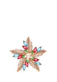Brož ve zlatém tónu ve tvaru květiny se středem z perly, obklopená barevnými rhinestony v modré, zelené, červené a čiré barvě s diamantovými akcenty.