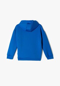 Sudadera con capucha azul, de manga larga, con puños y dobladillo de canalé, hecha de una tela suave, con un diseño liso y un corte relajado.