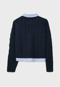 Maglione a trecce blu navy con motivo a rilievo, caratterizzato da un colletto azzurro chiaro e un design corto con orlo a coste.