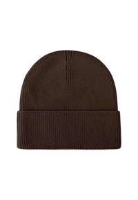 Brown knit beanie with ribbed texture, features a folded cuff and a central seam at the crown, suitable for cold weather wear.