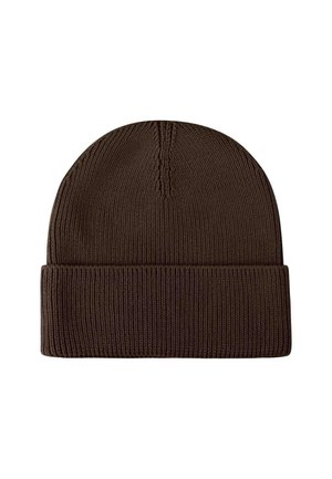 Braune Strickmütze mit gerippter Textur, verfügt über einen umgeschlagenen Bund und eine zentrale Naht an der Krone, ideal für kaltes Wetter.