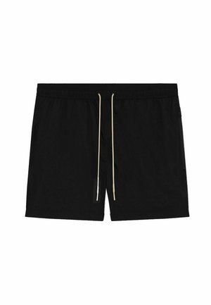Shorts de bain noirs en tissu léger, dotés d'une taille à cordon crème, de poches latérales et d'une coupe décontractée.