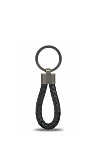 Black braided leather loop keychain with a round metal ring and metal connector on a white background.