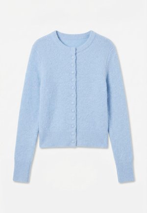 Ανοιχτό γαλάζιο πλεκτό ζακέτα με στρογγυλή λαιμόκοψη, μακριά μανίκια και σειρά από κουμπιά καλυμμένα με ύφασμα στο μπροστινό μέρος.
