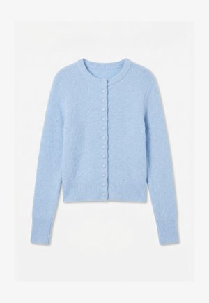 Vaaleansininen neulottu neuletakki, pyöreällä pääntiellä, pitkät hihat ja edessä yksi rivi verhoiltuja nappeja.