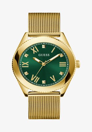 Goldfarbener Netzarmbanduhr mit grünem Zifferblatt, das über römische Ziffern, eine strukturierten Lünette und kleine Diamantakzente bei 12 und 6 Uhr verfügt.