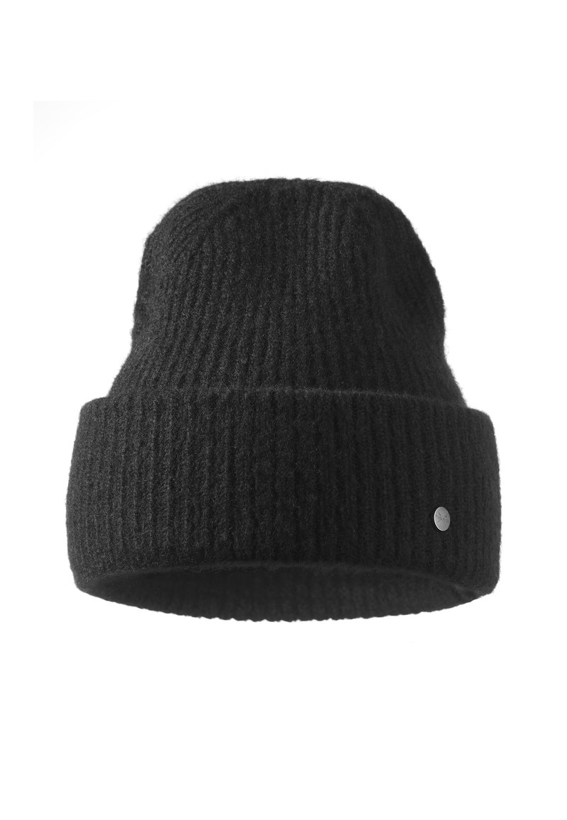 Černá pletená čepice s hřejivým designem a ohnutým lemem. Obsahuje malý kovový znak na boku.