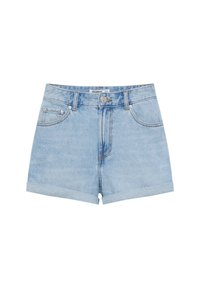 Light blue denim shorts with rolled cuffs, five-pocket design, and a metal button closure at the waistband. Distressed texture details.