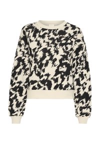 Sweat-shirt crème à manches longues avec imprimé animalier abstrait noir, col, poignets et ourlet côtelés, présenté sur fond blanc.