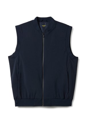 Mouwloos marineblauw vest met een ritssluiting aan de voorkant, opstaande kraag en elastische zoom, plat uitgestald op een witte achtergrond.