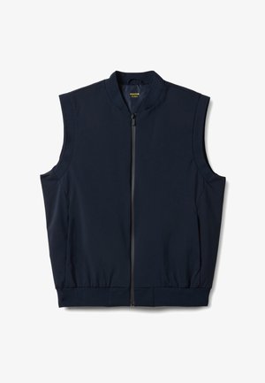 Mouwloos marineblauw vest met een ritssluiting aan de voorkant, opstaande kraag en elastische zoom, plat uitgestald op een witte achtergrond.