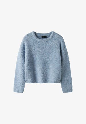 Lyseblå cropped sweater lavet af tekstureret materiale med rund halsudskæring og lange ærmer. Stoffet har et blødt, fluffy udseende.