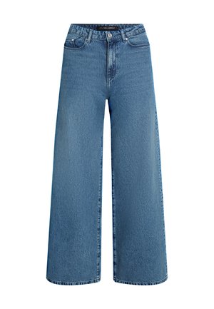 Wijde jeans in lichtblauwe denim, met een hoge taille, vijf zakken en subtiele vervaging. Strakke afwerking op zoom en tailleband.