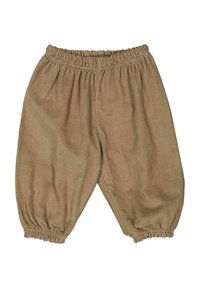 Lichtbruine corduroy broek met een elastische tailleband en taps toelopende manchetten. Textuurstof met verticale ribbelstructuur.