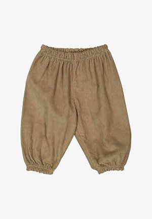 Hnědé kordové kalhoty s elastickým pasem a zúženými manžetami. Texturovaná látka s vertikálním žebrováním.