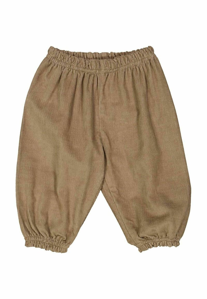 Lichtbruine corduroy broek met een elastische tailleband en taps toelopende manchetten. Textuurstof met verticale ribbelstructuur.
