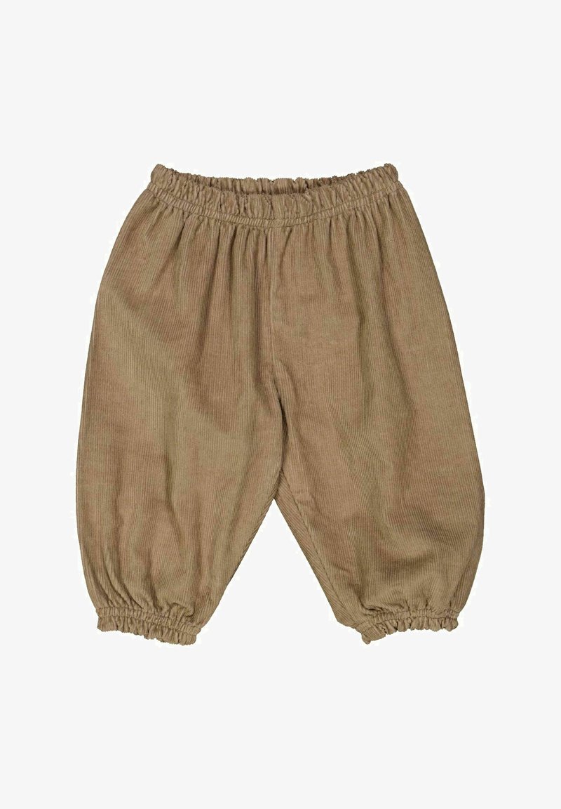 Lichtbruine corduroy broek met een elastische tailleband en taps toelopende manchetten. Textuurstof met verticale ribbelstructuur.