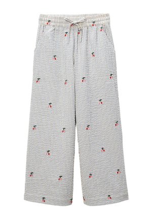 Pantalon à rayures de couleur claire avec petits motifs de cerises rouges et taille à cordon, jambes larges, style décontracté.