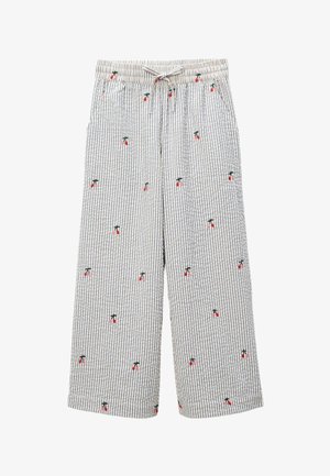 Pantalon à rayures de couleur claire avec petits motifs de cerises rouges et taille à cordon, jambes larges, style décontracté.