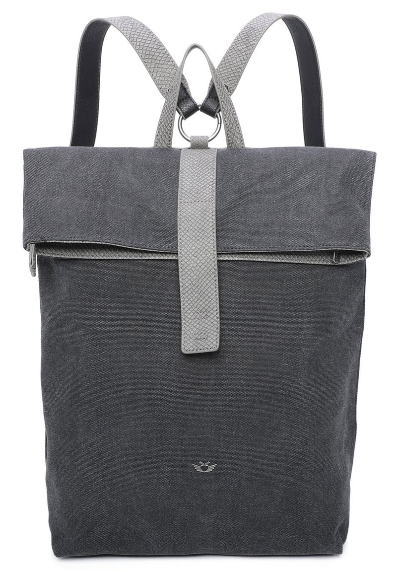 Zaino in tela grigia con chiusura roll-top, spallacci grigi texturizzati, un logo sottile e una cerniera liscia per un accesso sicuro.