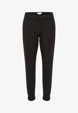 Pantalones negros con un diseño ajustado, que presentan una pierna recta, trabillas para cinturón, cierre de botón y un material liso y elástico.