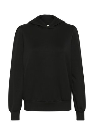 Melna kapucēta džempera krekls ar garām piedurknēm, elastīgām aprocēm un jostasvietu. Gluda auduma tekstūra, ikdienišķs dizains, bez redzamām logotipiem vai rakstiem.