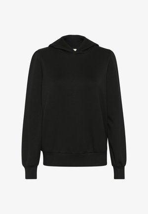 Melna kapucēta džempera krekls ar garām piedurknēm, elastīgām aprocēm un jostasvietu. Gluda auduma tekstūra, ikdienišķs dizains, bez redzamām logotipiem vai rakstiem.