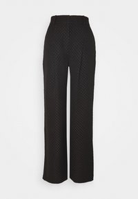 Schwarze weit geschnittene Hose aus strukturiertem Stoff mit dezentem Muster, mittelhoher Taille und vorderen Falten für ein strukturiertes Design.