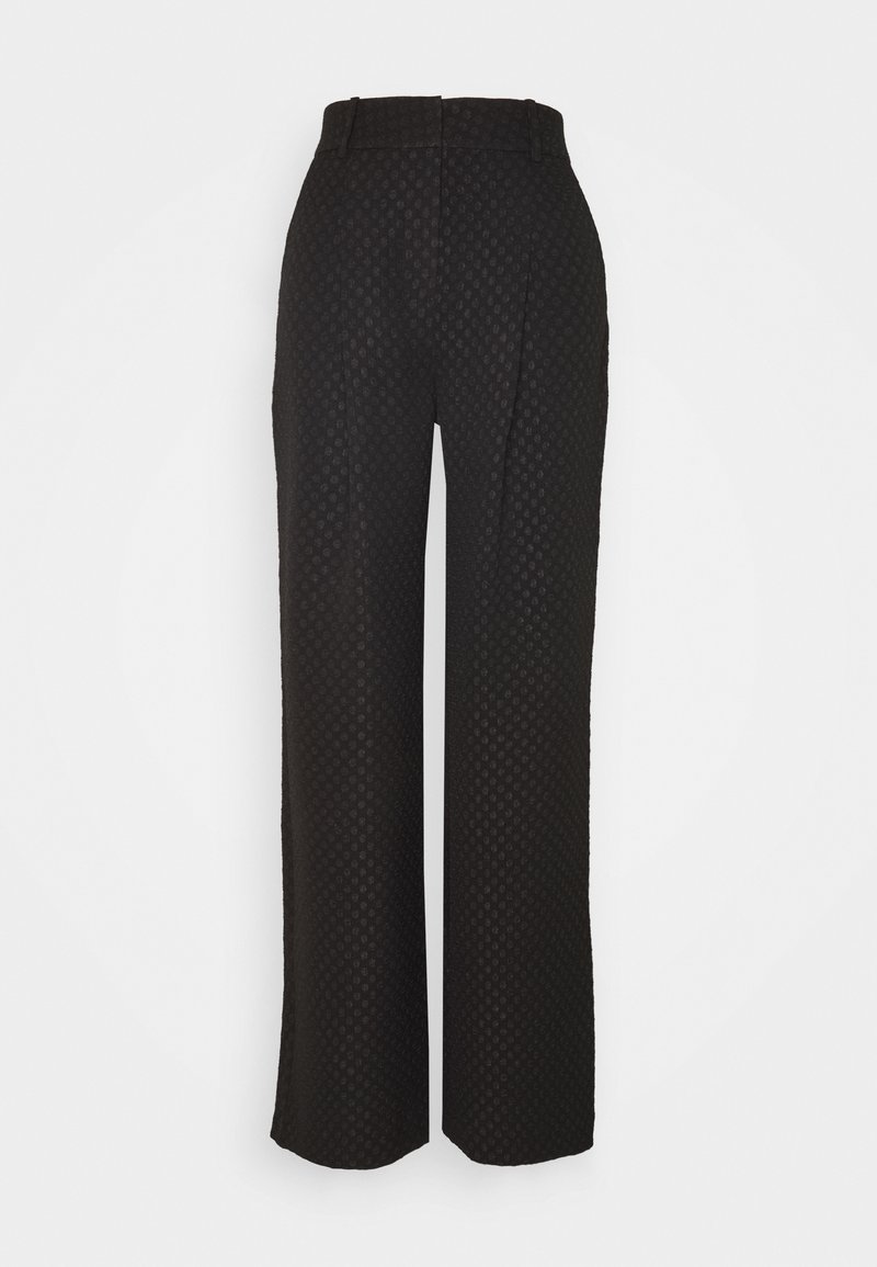 Schwarze weit geschnittene Hose aus strukturiertem Stoff mit dezentem Muster, mittelhoher Taille und vorderen Falten für ein strukturiertes Design.