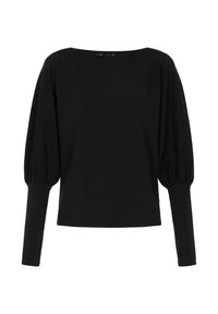 Haut noir à manches longues avec un col bateau, doté de manches bouffantes et d'une texture lisse. Design simple, sans motifs ni détails supplémentaires.