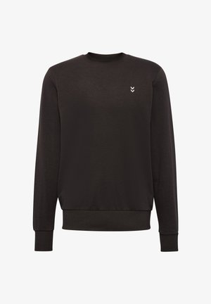 Schwarzer Sweatshirt mit langen Ärmeln, gerippten Bündchen und Saum, Rundhalsausschnitt und kleinem Logo-Akzent auf der Brust. Glatte Stoffstruktur.