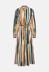 Abito camicia con maniche lunghe, caratterizzato da motivi a pennellate verticali in verde, marrone e crema, e una vita stretta con un nastro.