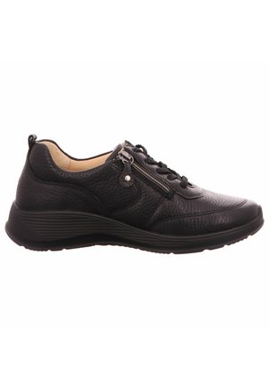Black leather sneaker with textured finish, lace-up closure, and side zipper. Features a cushioned sole and rounded toe design.