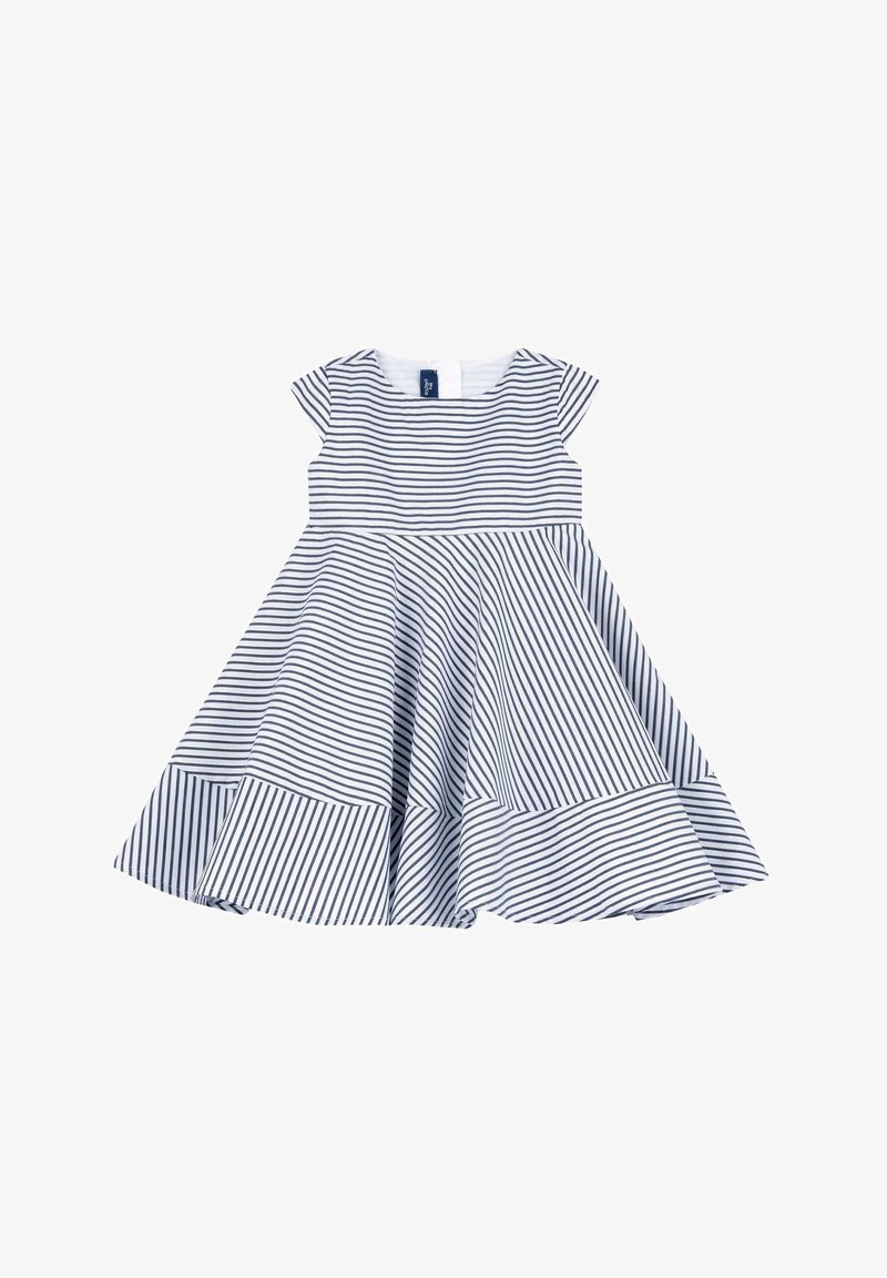 Robe pour filles à manches courtes avec motif à rayures horizontales bleues et blanches et jupe évasée avec direction alternée des rayures.