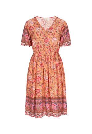 Bloemenjurk in oranje met korte mouwen, V-hals, elastische tailleband en een patroonzoom met roze en bloemmotieven.