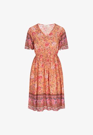 Blumenkleid in Orange mit kurzen Ärmeln, V-Ausschnitt, elastischem Bund und einem gemusterten Saum mit pinken und floralen Designs.