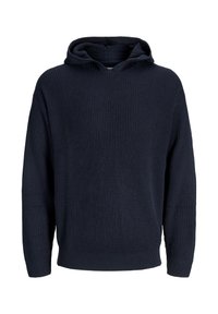 Sudadera de punto azul marino con un tejido acanalado texturizado, mangas anchas y un clásico bolsillo tipo canguro. Diseñada con una capucha acogedora.