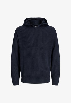 Sudadera de punto azul marino con un tejido acanalado texturizado, mangas anchas y un clásico bolsillo tipo canguro. Diseñada con una capucha acogedora.