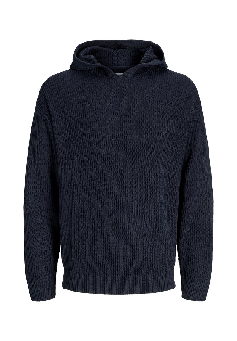 Sudadera de punto azul marino con un tejido acanalado texturizado, mangas anchas y un clásico bolsillo tipo canguro. Diseñada con una capucha acogedora.