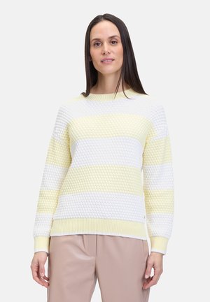 Light yellow and white striped knit sweater with a textured surface. Features a round neckline and ribbed cuffs and hem.