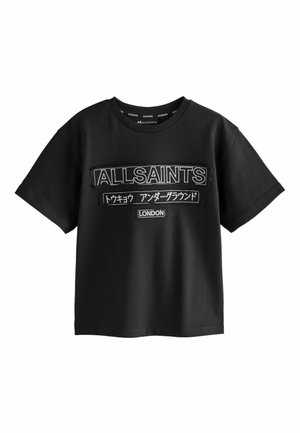 Black short-sleeve t-shirt with "ALLSAINTS," Japanese text, and "LONDON" printed in white on the front.